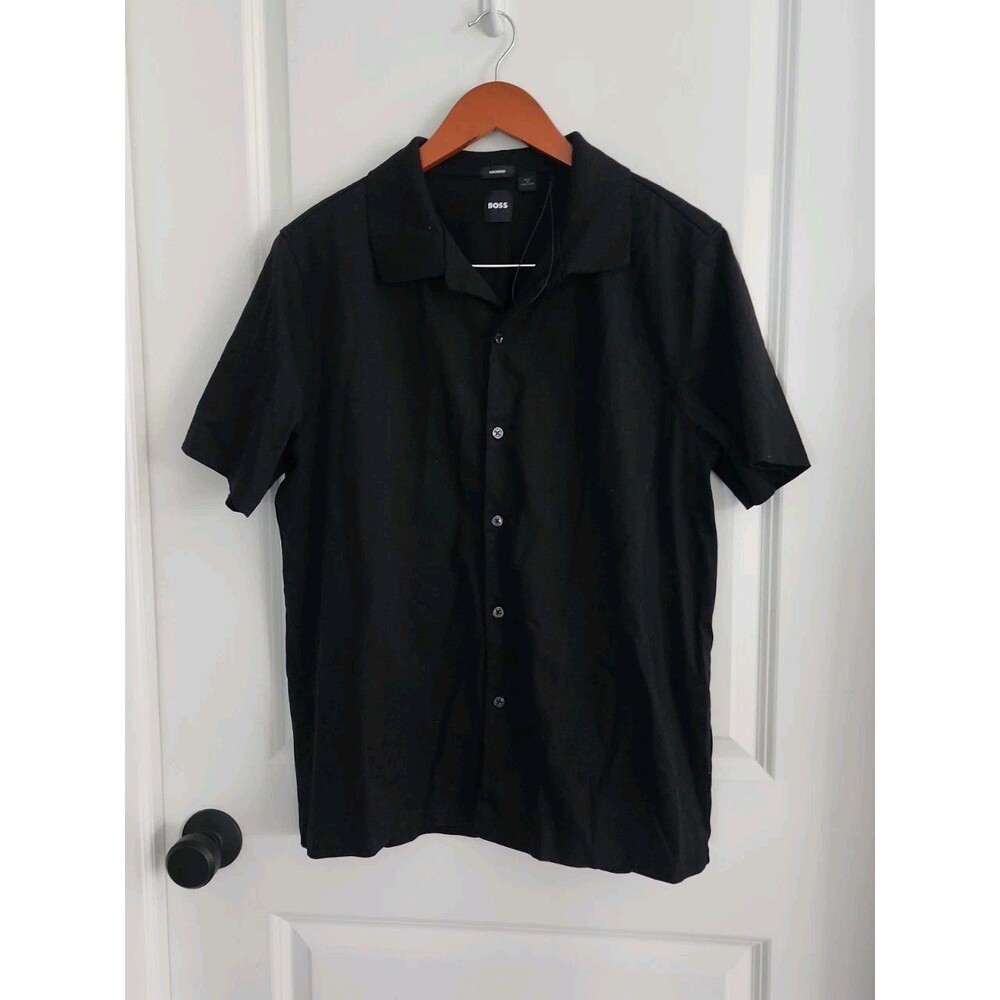 Hugo BOSS Roan Cotton Slim Fit Button Up Shirt Size XL Short Sleeve Black Polo